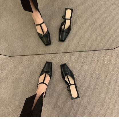 Square Toe T-Strap Chunky Heel Mules