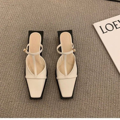 Square Toe T-Strap Chunky Heel Mules