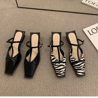 Square Toe T-Strap Chunky Heel Mules