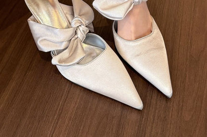 Pointed Toe Plain Bow Stiletto Heel Mules