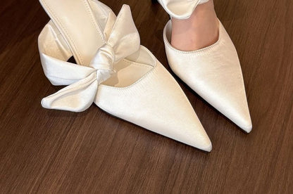 Pointed Toe Plain Bow Stiletto Heel Mules