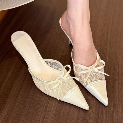 Pointed Toe Bow Lace Panel Stiletto Heel Mules
