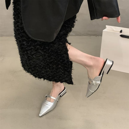 Pointed Toe Buckled Chunky Heel Mules
