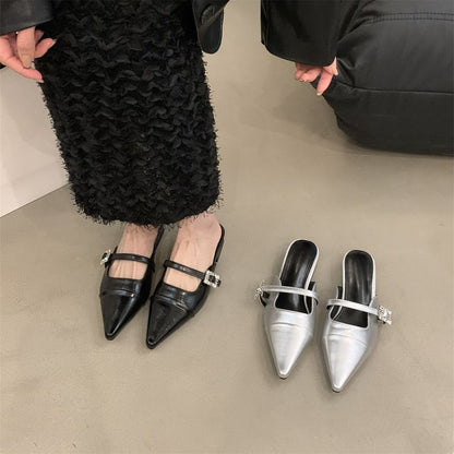 Pointed Toe Buckled Chunky Heel Mules