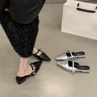 Pointed Toe Buckled Chunky Heel Mules