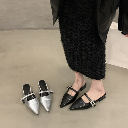 Pointed Toe Buckled Chunky Heel Mules