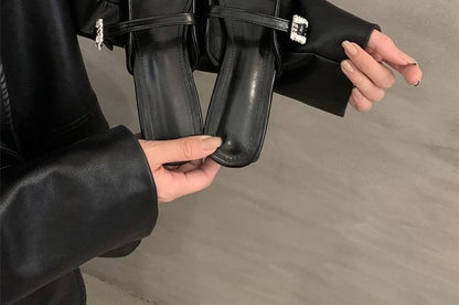 Pointed Toe Buckled Chunky Heel Mules