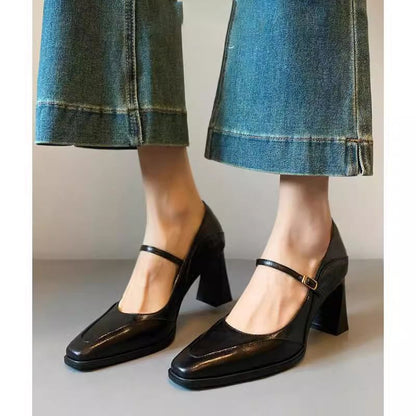 Faux Leather Chunky Heel Mary Jane Shoes