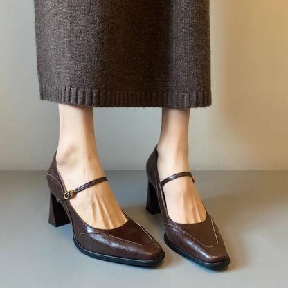 Faux Leather Chunky Heel Mary Jane Shoes