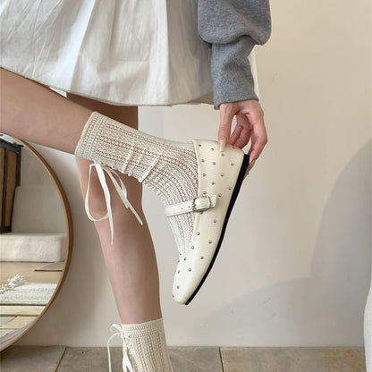 Square Toe Studded Hidden Wedge Mary Jane Shoes
