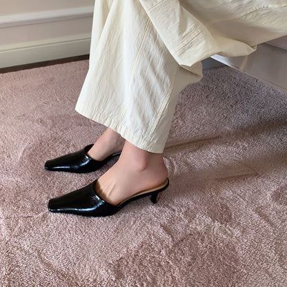 Toe Mules Square Faux Kitten Heel Leather