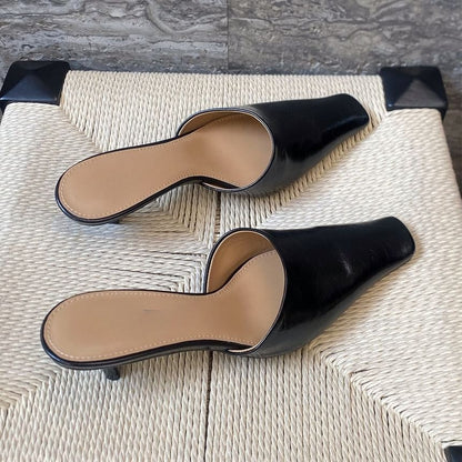 Toe Mules Square Faux Kitten Heel Leather