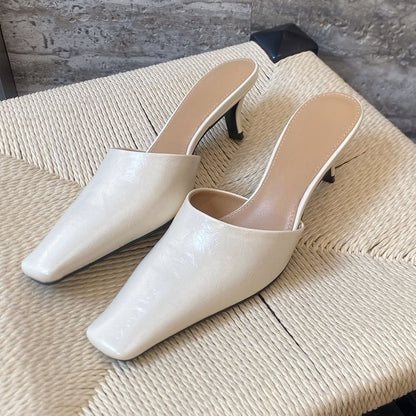 Toe Mules Square Faux Kitten Heel Leather
