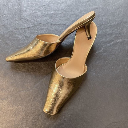 Toe Mules Square Faux Kitten Heel Leather
