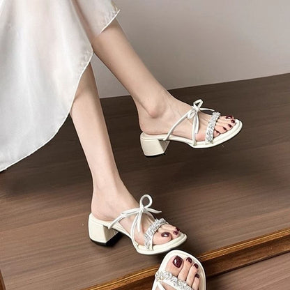 Bow Chunky Sandals Slide Heel Rhinestone