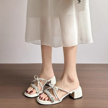 Bow Chunky Sandals Slide Heel Rhinestone