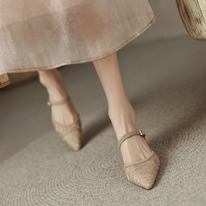 Pointed Kitten Heel Floral Mesh Toe Mules