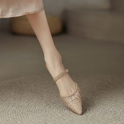 Pointed Kitten Heel Floral Mesh Toe Mules