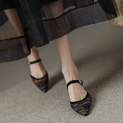 Pointed Kitten Heel Floral Mesh Toe Mules