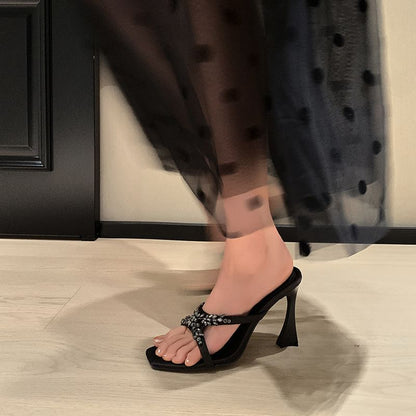 Criss Cross Rhinestone High Heel Slide Sandals