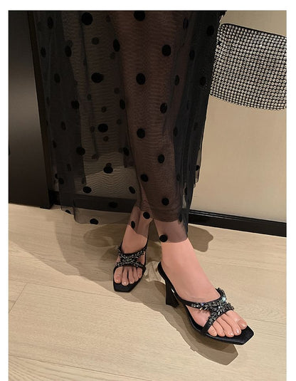 Criss Cross Rhinestone High Heel Slide Sandals