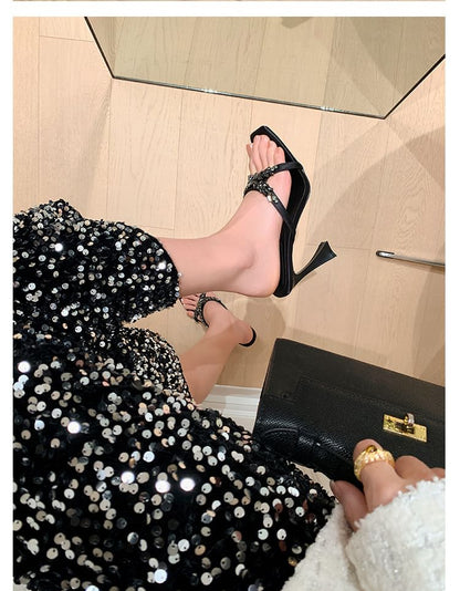 Criss Cross Rhinestone High Heel Slide Sandals