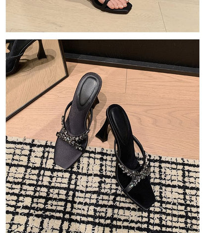 Criss Cross Rhinestone High Heel Slide Sandals