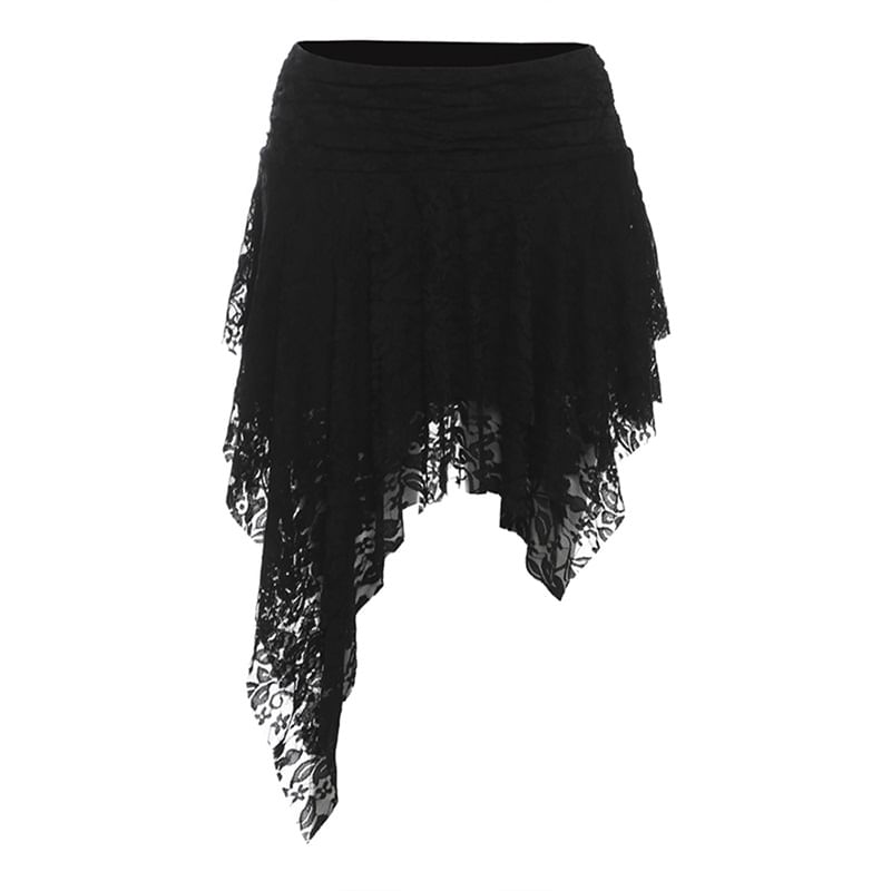 Off Shoulder Lace See-Through Crop Top with Low Waist Asymmetric Hem Mini Skirt