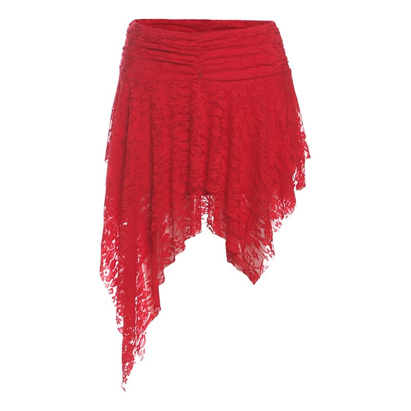 Off Shoulder Lace See-Through Crop Top with Low Waist Asymmetric Hem Mini Skirt
