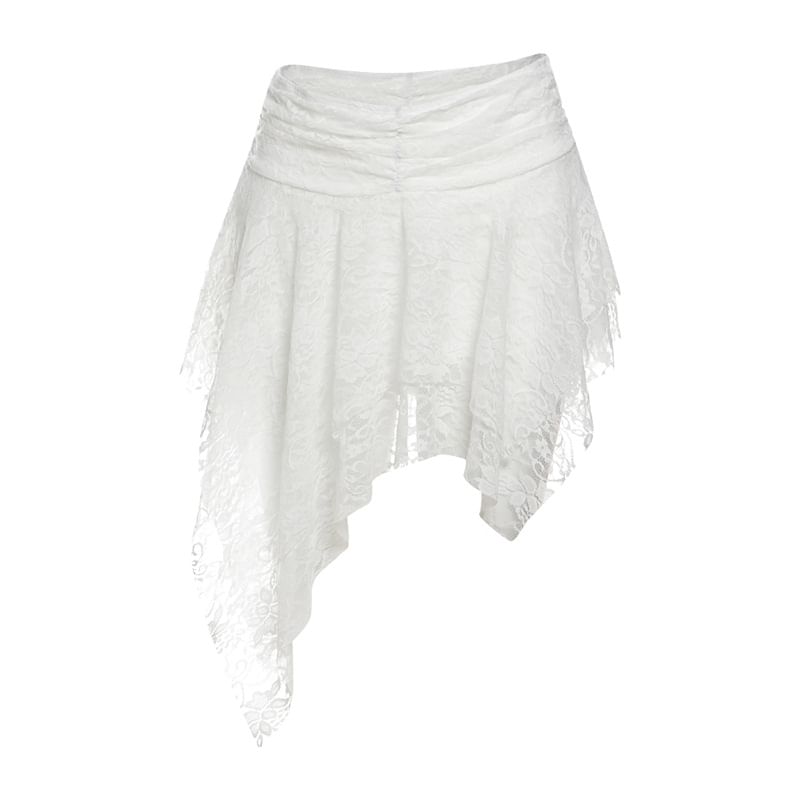 Off Shoulder Lace See-Through Crop Top with Low Waist Asymmetric Hem Mini Skirt