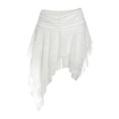 Off Shoulder Lace See-Through Crop Top with Low Waist Asymmetric Hem Mini Skirt