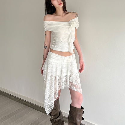 Off Shoulder Lace See-Through Crop Top with Low Waist Asymmetric Hem Mini Skirt