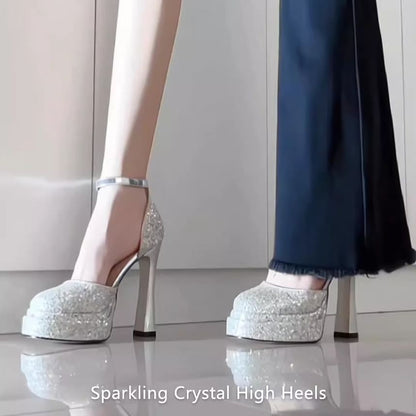 Platform Heel Strap Ankle D'Orsay Pumps Glitter Chunky