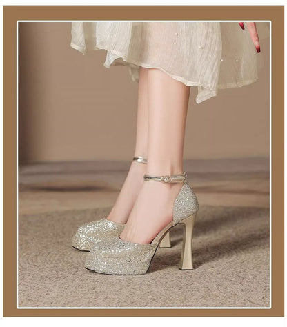 Platform Heel Strap Ankle D'Orsay Pumps Glitter Chunky