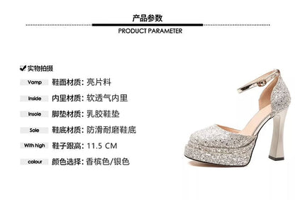 Platform Heel Strap Ankle D'Orsay Pumps Glitter Chunky