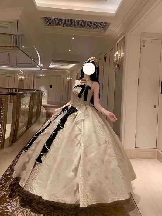 Spaghetti Strap Faux Pearl Bow Ruffle Trim A-Line Evening Gown / Petticoat Skirt / Set