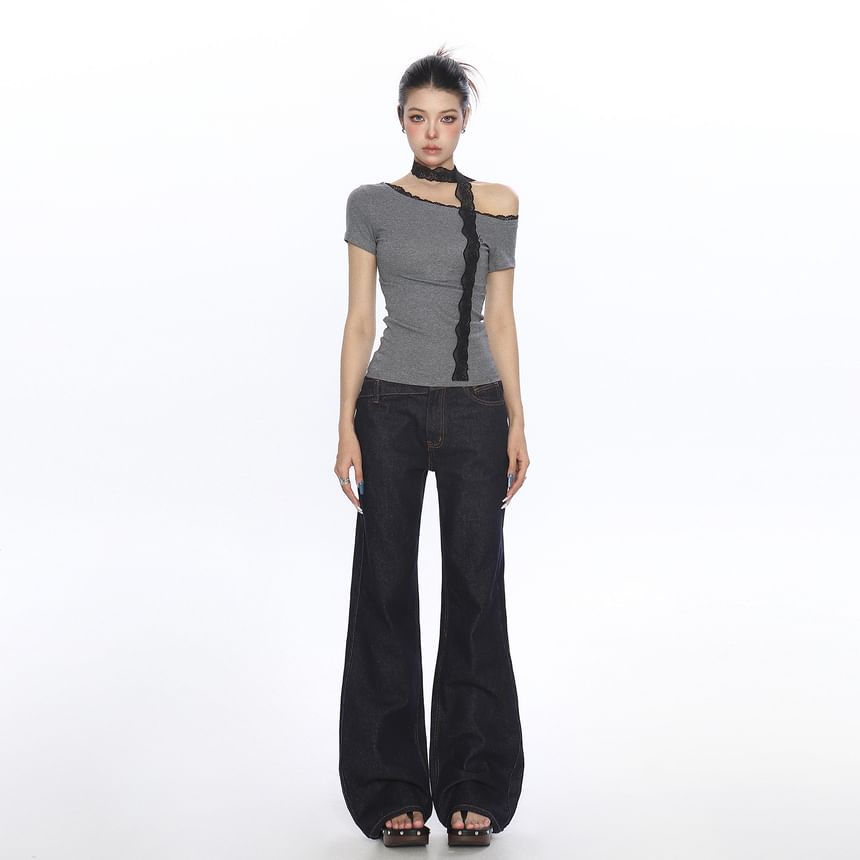 Short-Sleeve Lace Trim Asymmetrical Top
