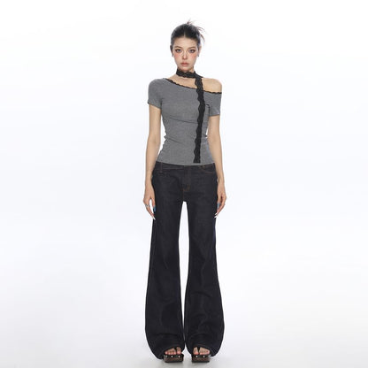 Short-Sleeve Lace Trim Asymmetrical Top