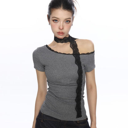 Short-Sleeve Lace Trim Asymmetrical Top
