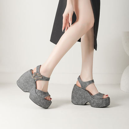 Platform Wedge Rhinestone Accent Denim Sandals
