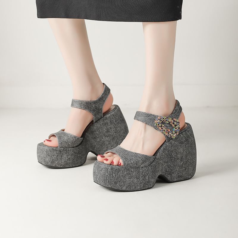 Platform Wedge Rhinestone Accent Denim Sandals