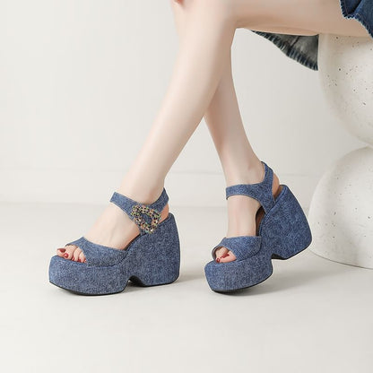 Platform Wedge Rhinestone Accent Denim Sandals