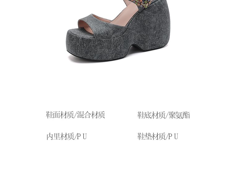 Platform Wedge Rhinestone Accent Denim Sandals