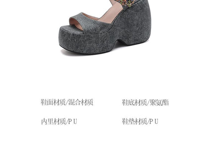 Platform Wedge Rhinestone Accent Denim Sandals