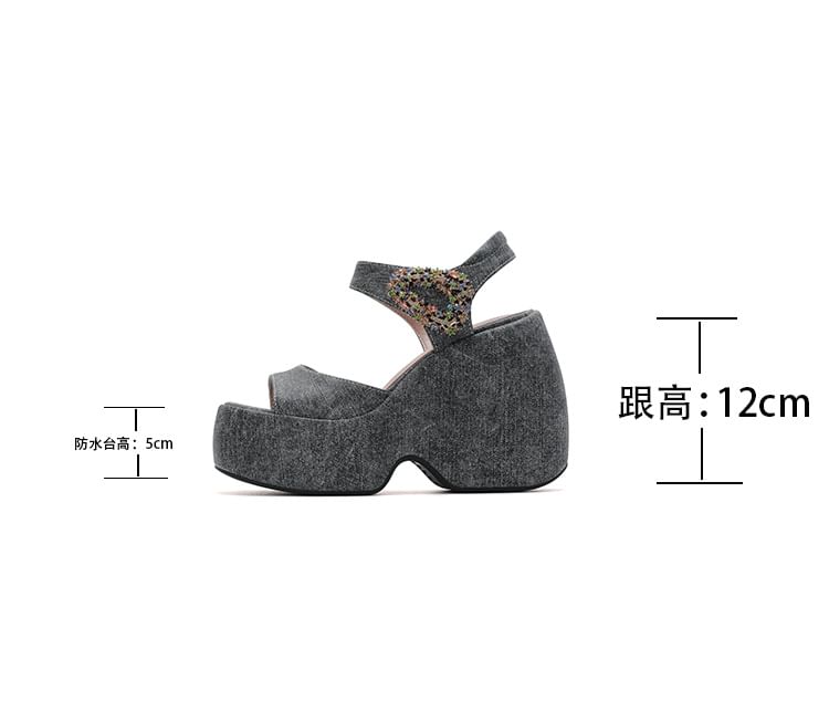 Platform Wedge Rhinestone Accent Denim Sandals