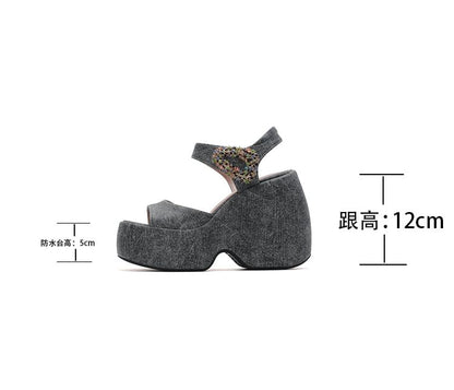 Platform Wedge Rhinestone Accent Denim Sandals