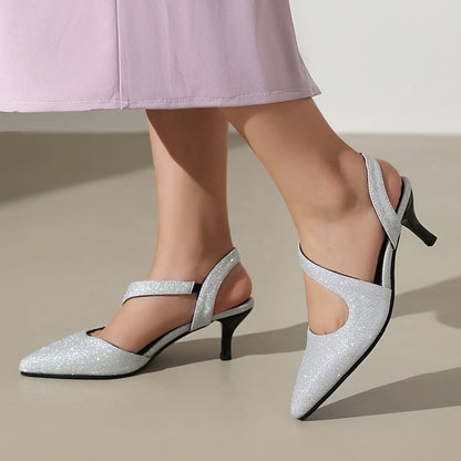 Kitten Heel Pointed Toe Glitter Slingback Sandals