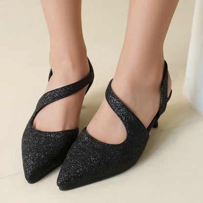 Kitten Heel Pointed Toe Glitter Slingback Sandals