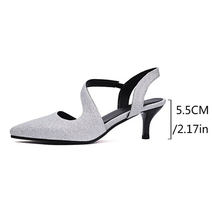 Kitten Heel Pointed Toe Glitter Slingback Sandals