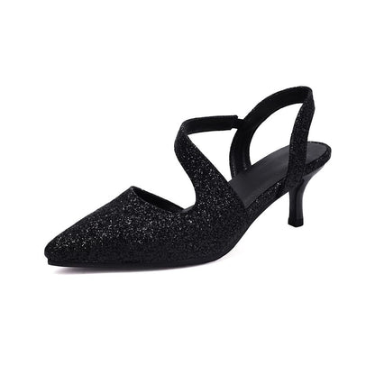 Kitten Heel Pointed Toe Glitter Slingback Sandals